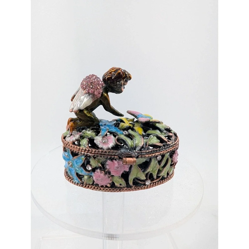 Bejeweled Cherub Angel With Butterfly Floral Trinket Box‎
